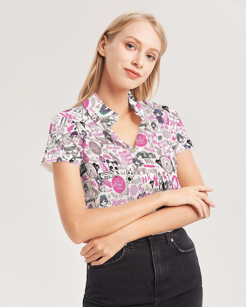 Hong Kong Pattern Women's Short Sleeve Button Up (Pink and white)