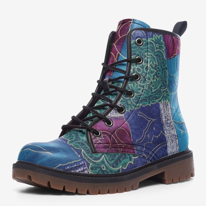 Quaint Blue Floral Pattern Vegan Leather Boots