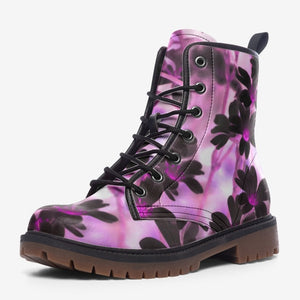 Black and Pink Floral Print Vegan Leather Boots