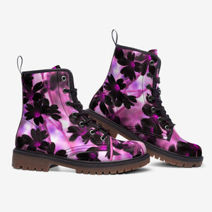 Black and Pink Floral Print Vegan Leather Boots
