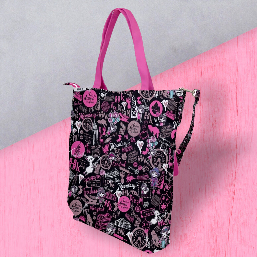 Hong Kong Pattern Shoulder Tote Bag(Black)