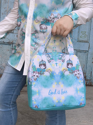 God is Love Fancy Boxy Hand Bag  (Green and Blue)