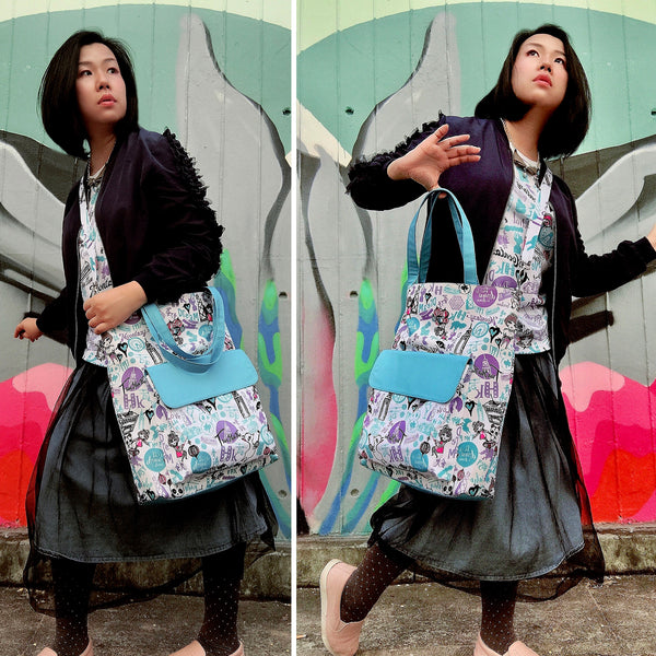 Hong Kong Pattern Shoulder Tote Bag (Blue)
