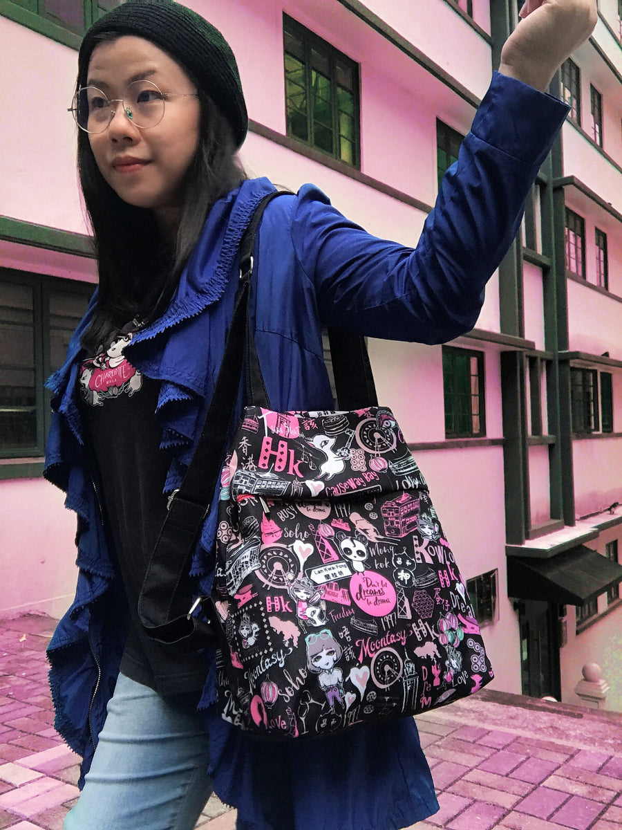 Hong Kong Pattern Center Zip Backpack (Black)