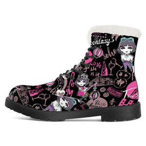 Hong Kong Pattern Faux Fur Synthetic Leather Boot (Black)