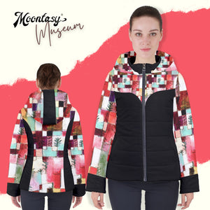 Colorful Squares Women's Hooded Puffer Jacket (Red)
