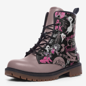Hong Kong Pattern Vegan Leather Boots (Black＋Tan）