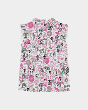 Hong Kong Pattern Women's Ruffle Sleeve Top (Pink)