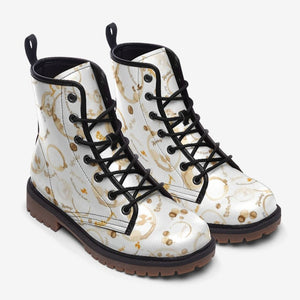 Coffee Stains Pattern Vegan Leather Boots (White)