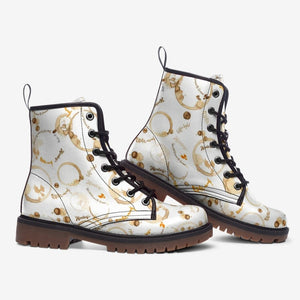 Coffee Stains Pattern Vegan Leather Boots (White)