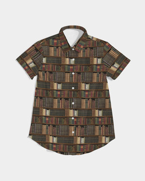 Library Book Lover Women's Short Sleeve Button Up(Brwon)