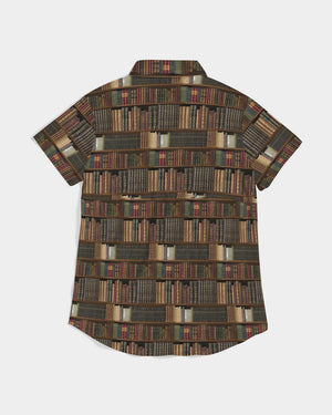 Library Book Lover Women's Short Sleeve Button Up(Brwon)