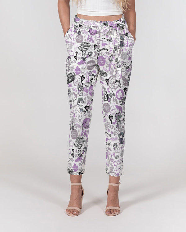 Hong Kong Pattern Women's Belted Tapered Pants (Lavender | Purple)